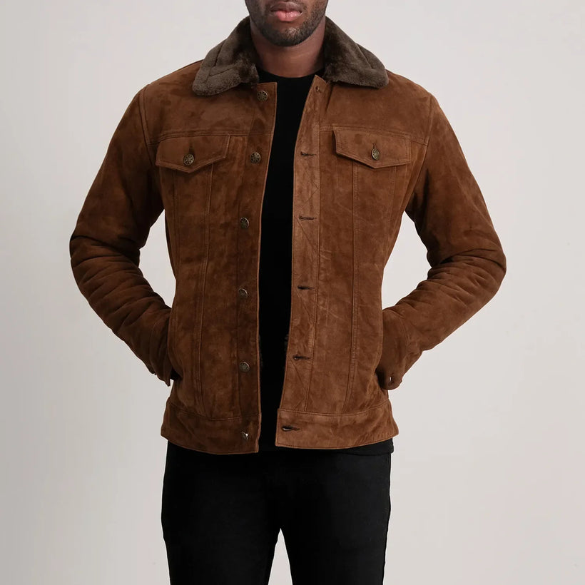 Dallis بني Suede Shearling Trucker جاكيت جلد رجالي
