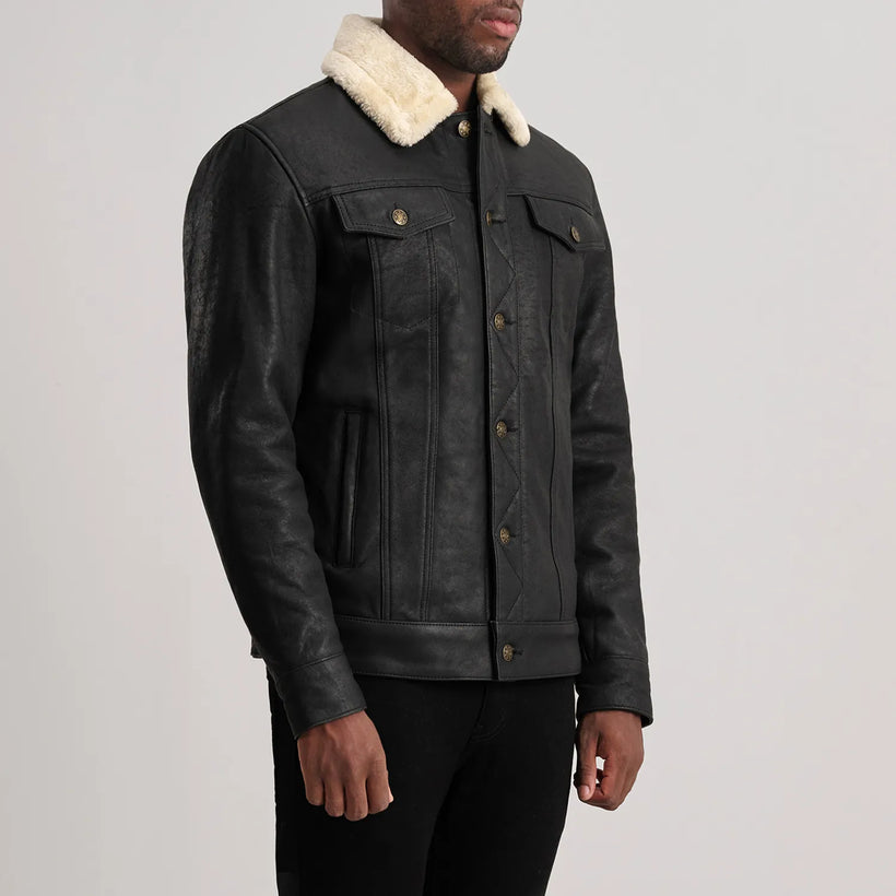 Dallis Distressed أسود Leather Shearling Trucker جاكيت جلد رجالي