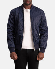 Danson مبطن أزرق Varsity جاكيت جلد رجالي - Lateral Side Profile View Showing Sleeve Cut &amp; Athletic Taper Fit