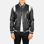 Men's Dantee أسود Leather Varsity جاكيت جلد رجالي in Black &amp; White Sheepskin Leather - Front Profile View &amp; Tailored Silhouette | Buy Online