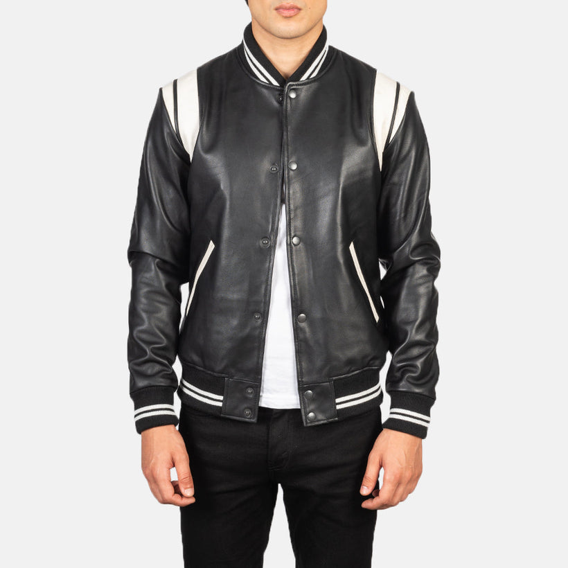 Men's Dantee Black Leather Varsity Jacket in Black & White Sheepskin Leather - Front Profile View & Tailored Silhouette | Buy Online
