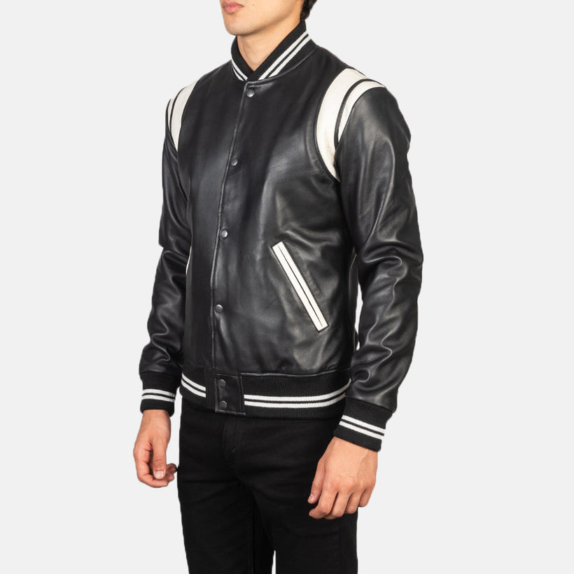 Black & White Sheepskin Leather Varsity Jacket - Back View Showing Tailored Shoulder Fit & Clean Hemline