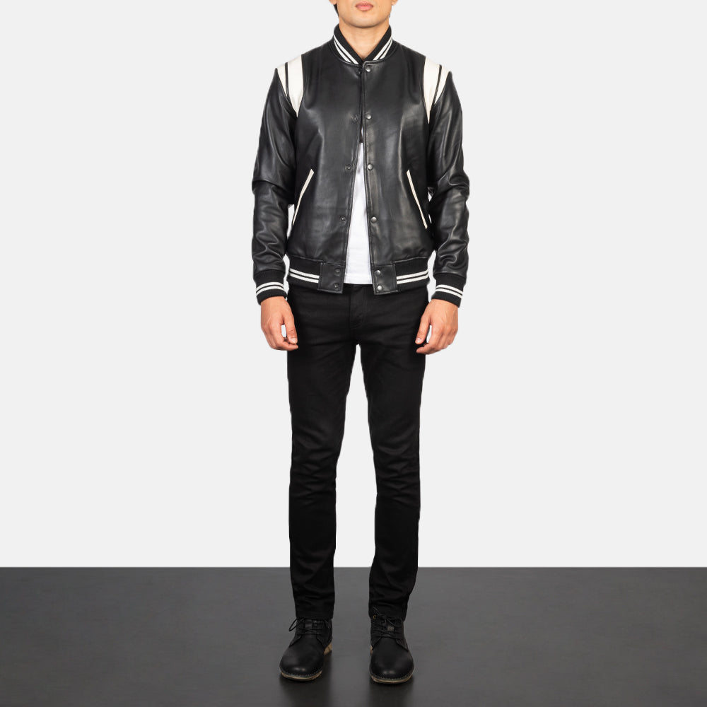 Men's Dantee أسود Leather Varsity جاكيت جلد رجالي - Lateral Side Profile View Showing Sleeve Cut &amp; Athletic Taper Fit