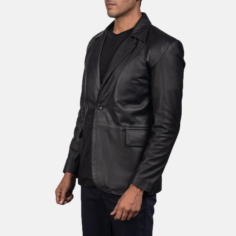 Black Sheepskin leather Blazer - Back View Showing Tailored Shoulder Fit & Clean Hemline