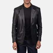 Close-Up Detail of Notch &amp; Button Hardware on Men's Daron أسود بليزر جلد رجالي