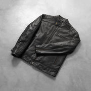 Zipper &amp; Hem Craftsmanship Construction Detail on Dean أسود جاكيت بايكر جلد رجالي
