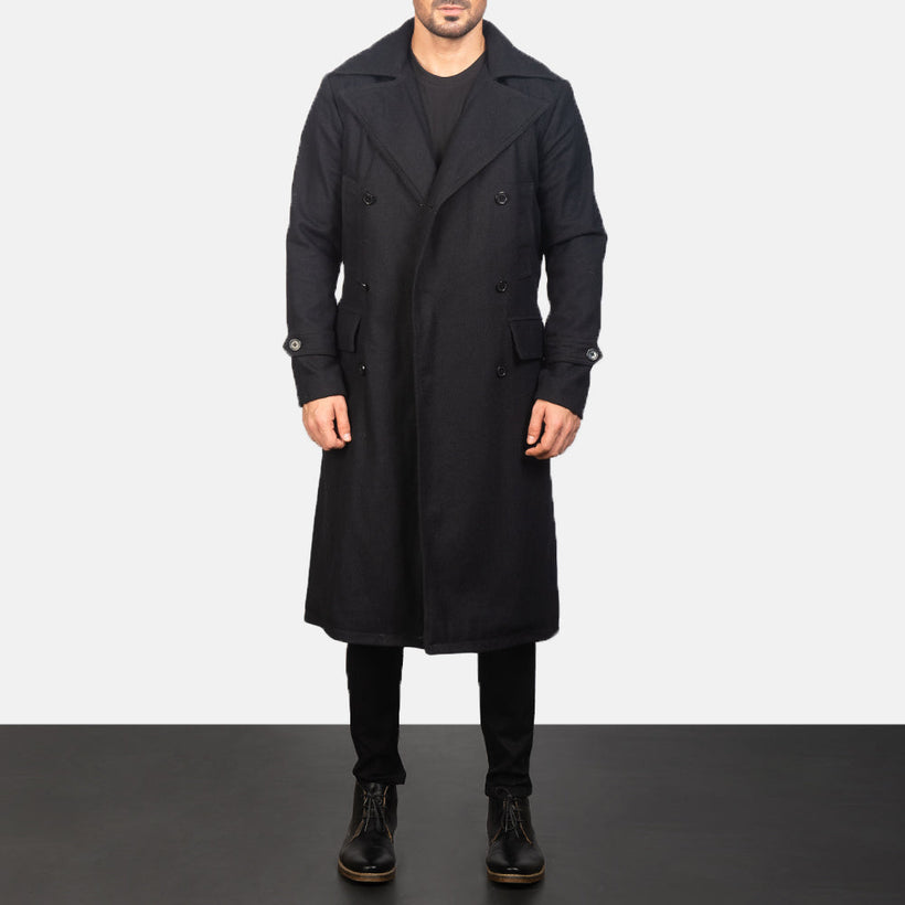 Detective أسود Wool معطف جلد فاخر رجالي