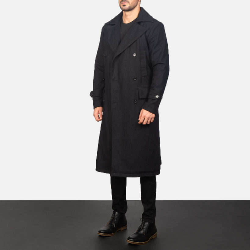 Detective أسود Wool معطف جلد فاخر رجالي