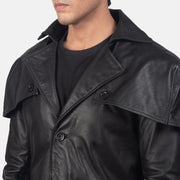 
تفاصيل مقربة of Classic Collar & Buttons + Belt Hardware on Deux أسود Leather Duster رجالي