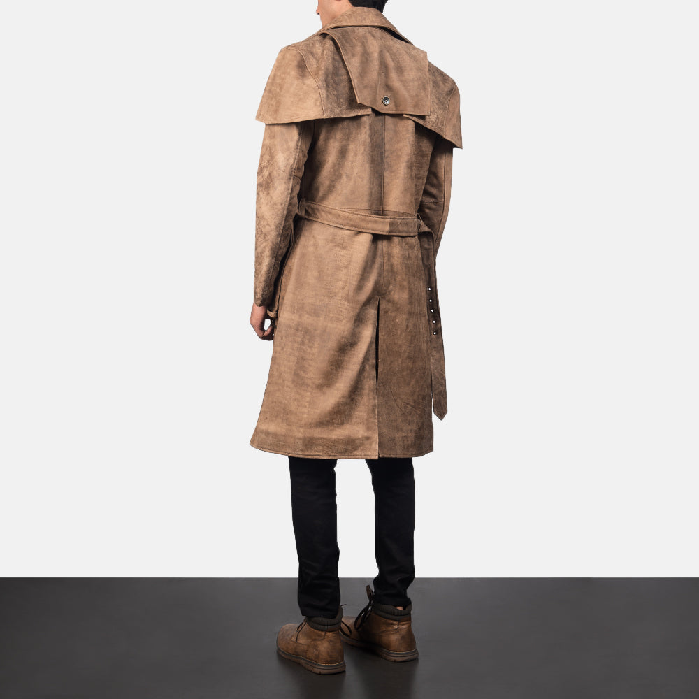 
Deux بني Leather Duster رجالي - عرض جانبي يوضح قَصّة الأكمام المريحة