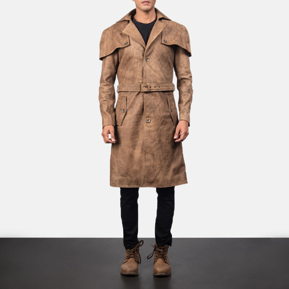 
تفاصيل مقربة of Classic Collar & Buttons + Belt Hardware on Deux بني Leather Duster رجالي