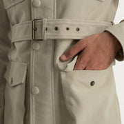 Close-Up Detail of High neck with Belt &amp; Snap button Hardware on Dolf Off-White جاكيت شمواه طبيعي رجالي