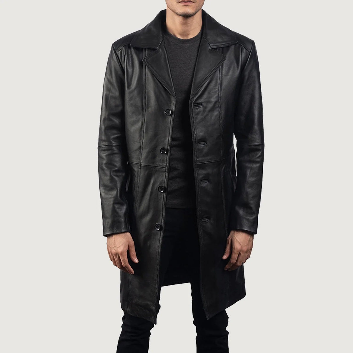 Men's Don Long أسود معطف جلد رجالي in Black Cowhide Leather - Front Profile View &amp; Tailored Silhouette | Buy Online