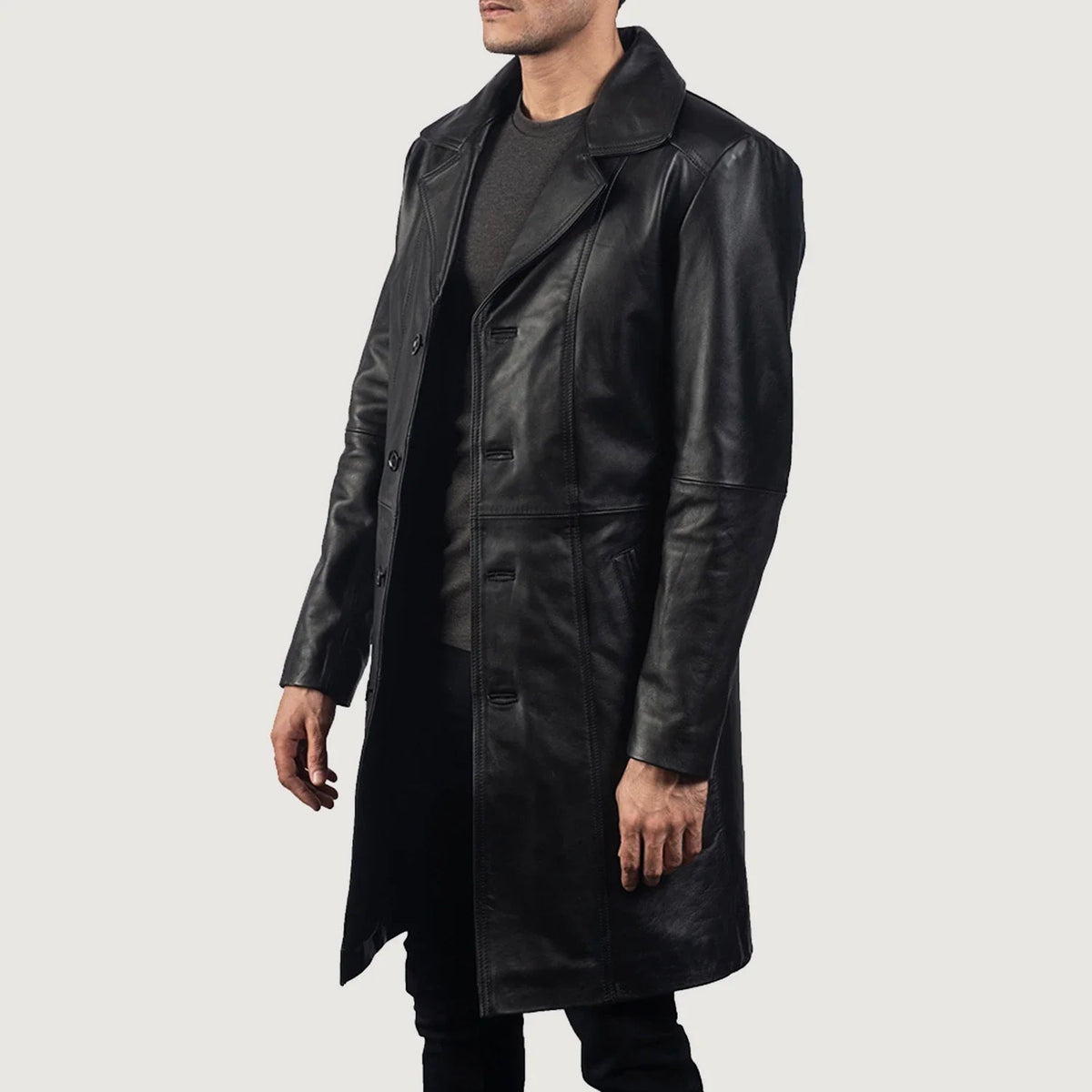Black Cowhide leather Coat - Back View Showing Tailored Shoulder Fit &amp; Clean Hemline