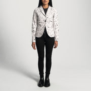 تفاصيل مقربة of Notch &amp; Button Hardware on Donna Blake White بليزر جلد نسائي