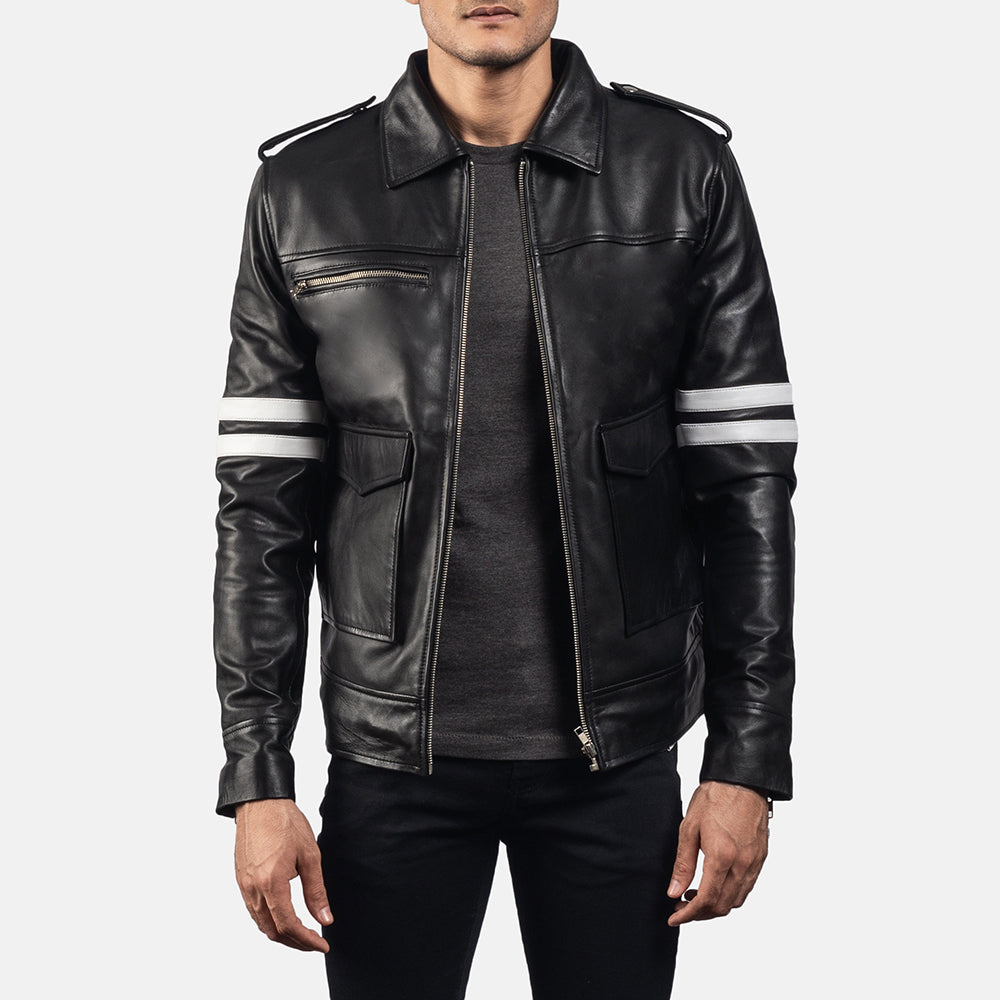 Dragonhide أسود جاكيت جلد رجالي - Lateral Side Profile View Showing Sleeve Cut &amp; Athletic Taper Fit