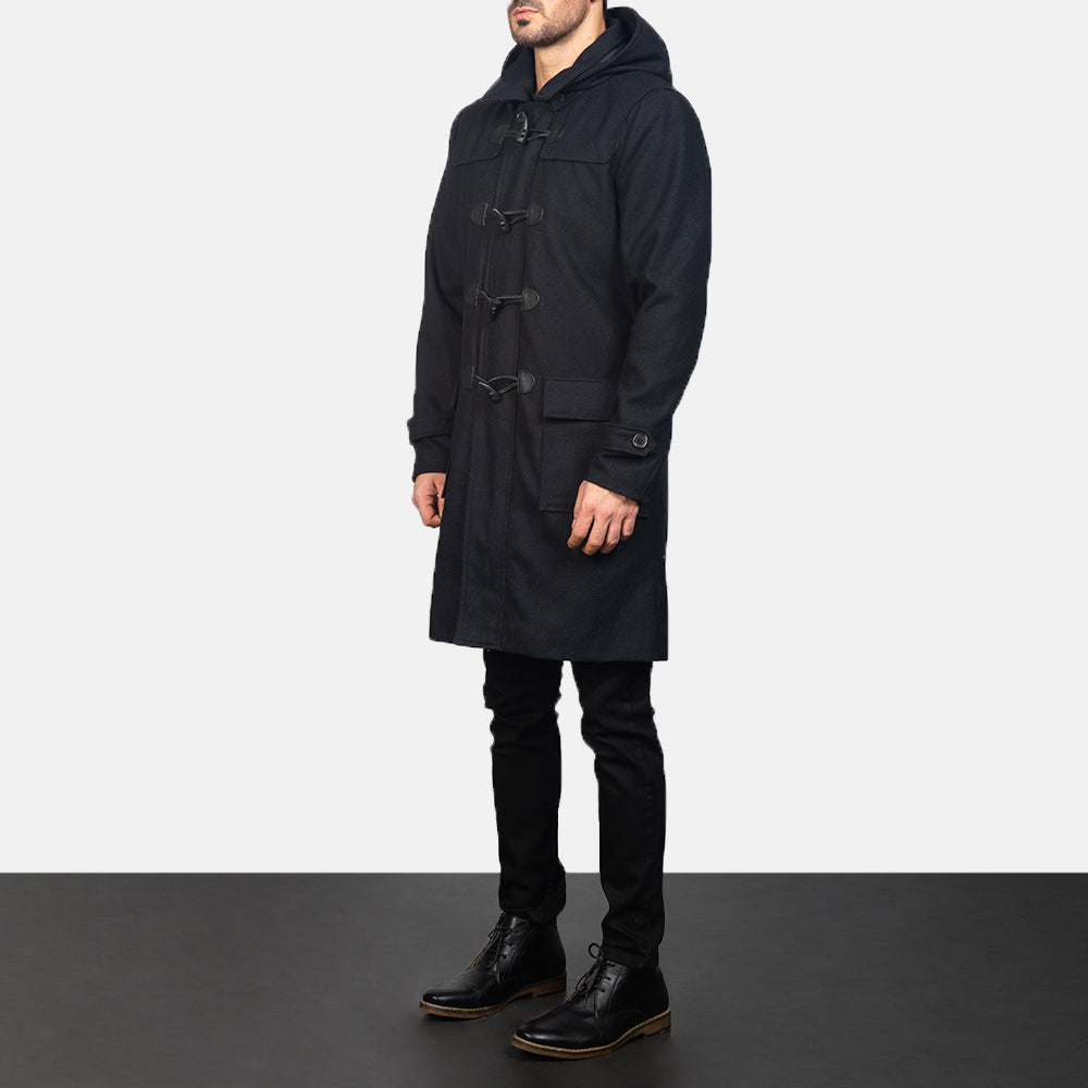 Black Synthetic Wool Trench Coat - Back View Showing Tailored Shoulder Fit &amp; Clean Hemline