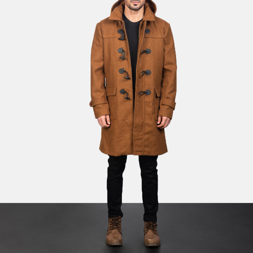 Drake Khaki Wool Hooded Duffle معطف جلد فاخر رجالي