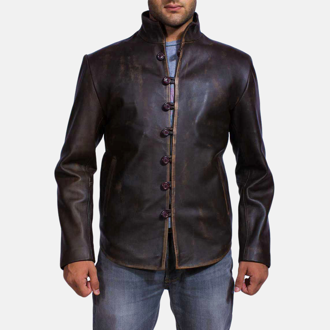 Men's Drakeshire بني جاكيت جلد رجالي in Distressed Brown Goatskin Leather - Front Profile View &amp; Tailored Silhouette | Buy Online