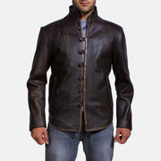 Men's Drakeshire بني جاكيت جلد رجالي in Distressed Brown Goatskin Leather - Front Profile View &amp; Tailored Silhouette | Buy Online