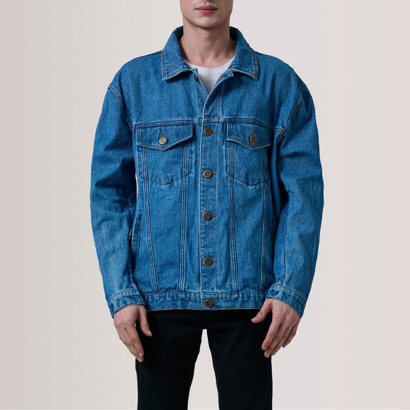Eddie Dark أزرق Oversized Denim Trucker جاكيت جلد رجالي