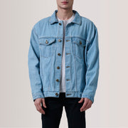 
Eddie Light أزرق Oversized Denim Trucker جاكيت جلد رجالي For Men in Light Blue Full-Grain Leather - عرض أمامي وقَصّة مفصلة أنيقة | شراء أونلاين عبر المتجر الرسمي
