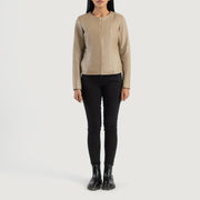 Elixir Beige Collarless Leather Jacket - Lateral Side Profile View Showing Sleeve Cut &amp; Athletic Taper Fit