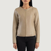 Close-Up Detail of Collarless &amp; Zipper Hardware on Elixir Beige Collarless Leather Jacket