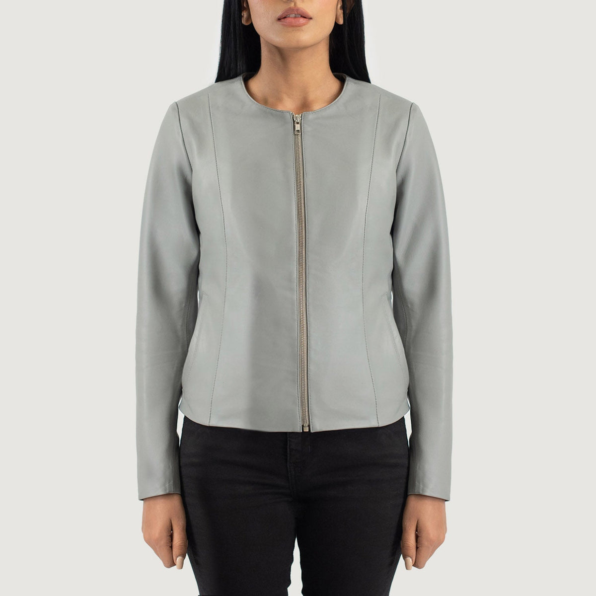 Open Hem &amp; Hem Craftsmanship Construction Detail on Elixir Beige Collarless Leather Jacket