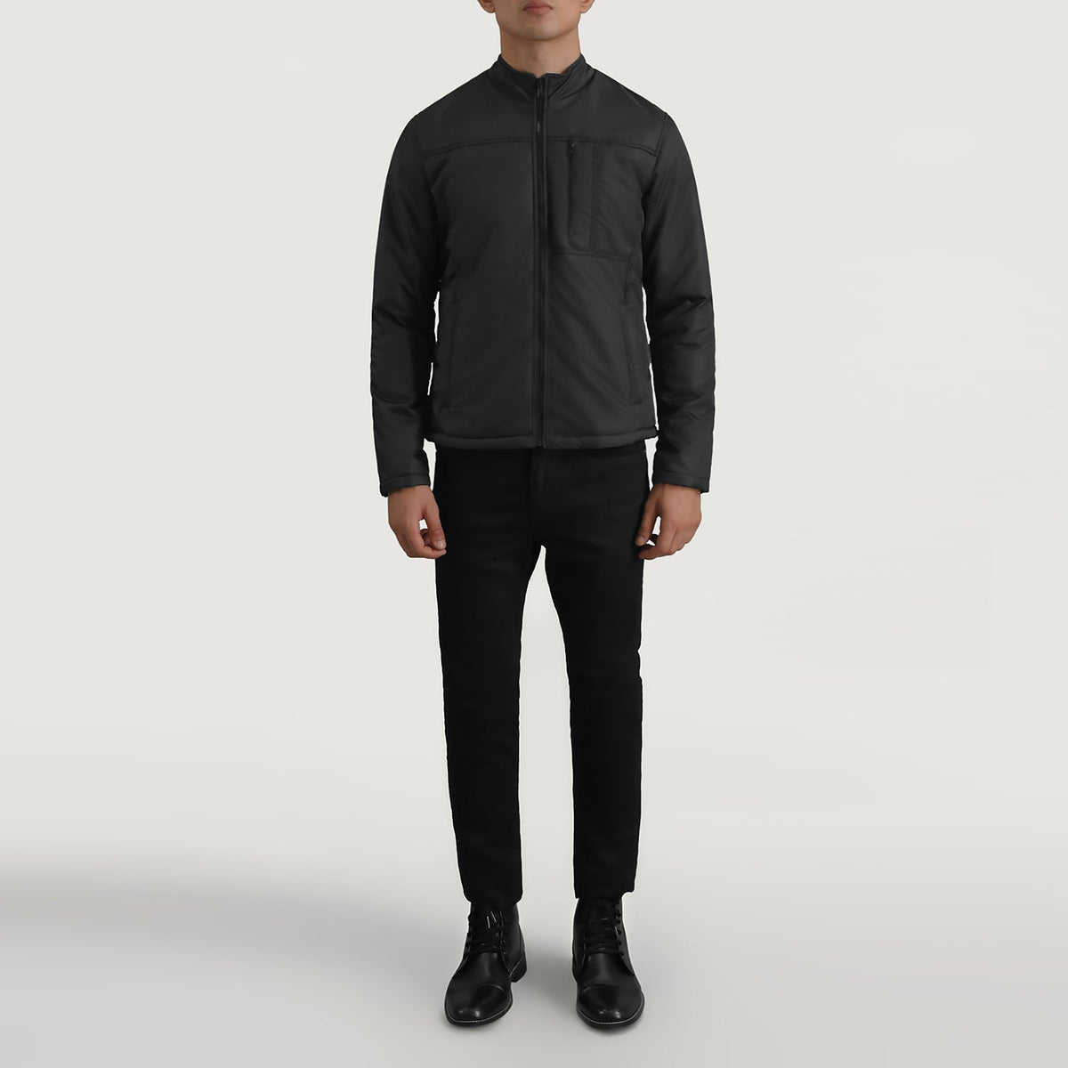 Elliot أسود Lightweight جاكيت جلد رجالي - Lateral Side Profile View Showing Sleeve Cut &amp; Athletic Taper Fit