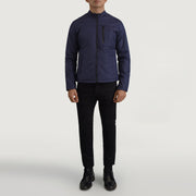 Elliot أزرق Lightweight جاكيت جلد رجالي - Lateral Side Profile View Showing Sleeve Cut &amp; Athletic Taper Fit