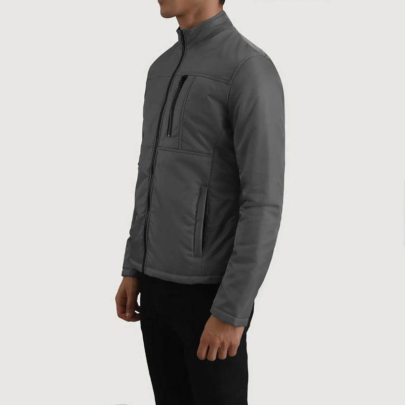 Grey Full-Grain Leather Winter Jacket - Back View Showing Tailored Shoulder Fit & Clean Hemline