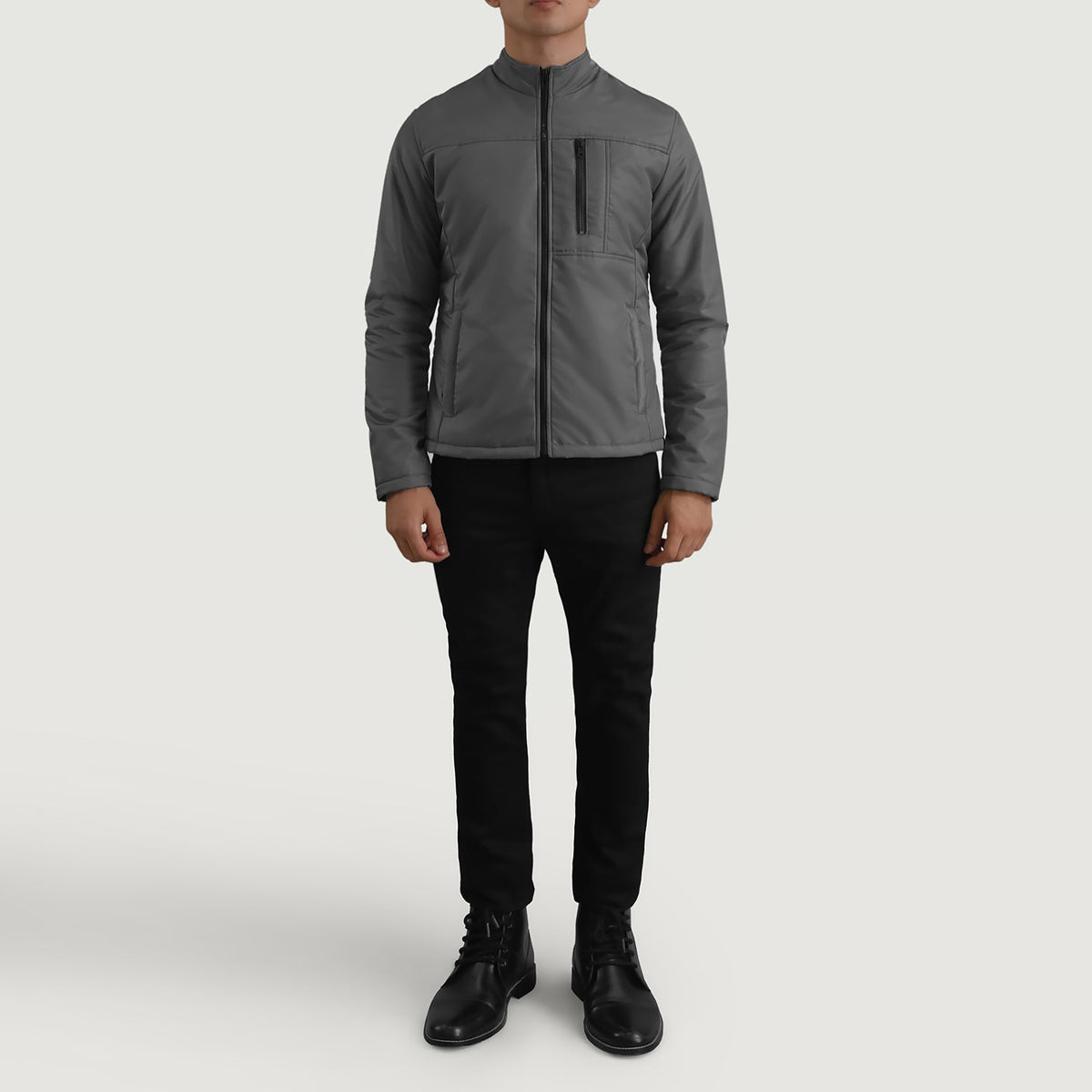 Elliot Grey Lightweight جاكيت جلد رجالي - Lateral Side Profile View Showing Sleeve Cut &amp; Athletic Taper Fit