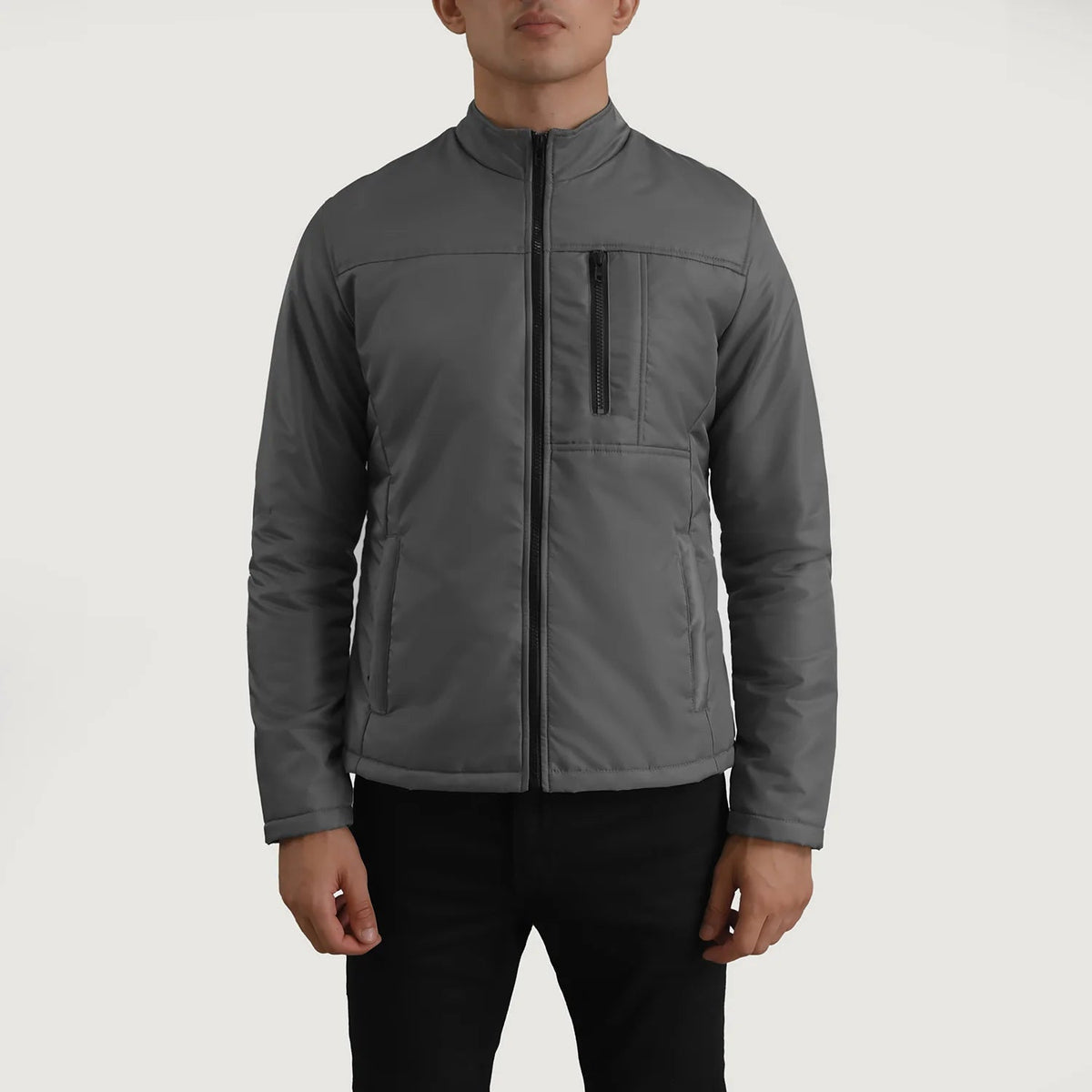 Close-Up Detail of Classic Collar &amp; Zipper Hardware on Elliot Grey Lightweight جاكيت جلد رجالي