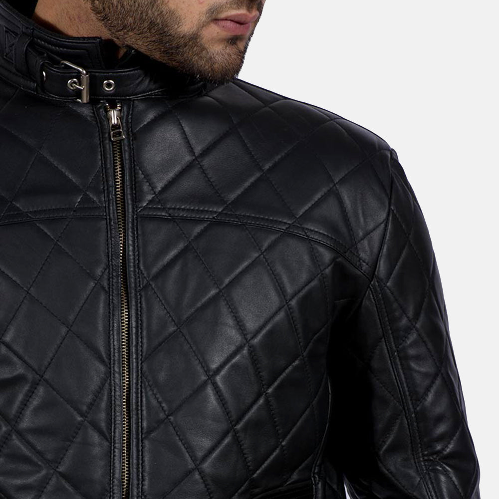 Equilibrium أسود جاكيت جلد رجالي - Lateral Side Profile View Showing Sleeve Cut &amp; Athletic Taper Fit
