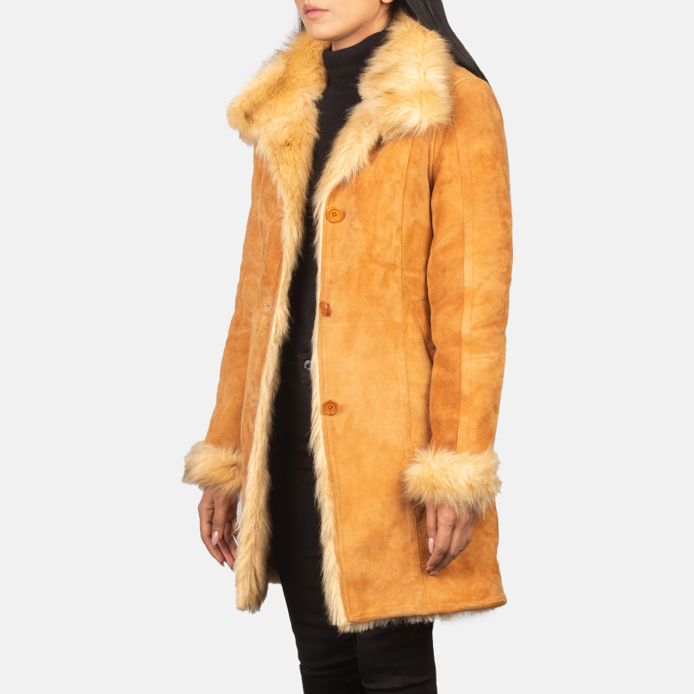 
Erica Shearling معطف جلد فاخر نسائي - عرض خلفي يوضح تفصيل الأكتاف المتقن والحاشية النظيفة
