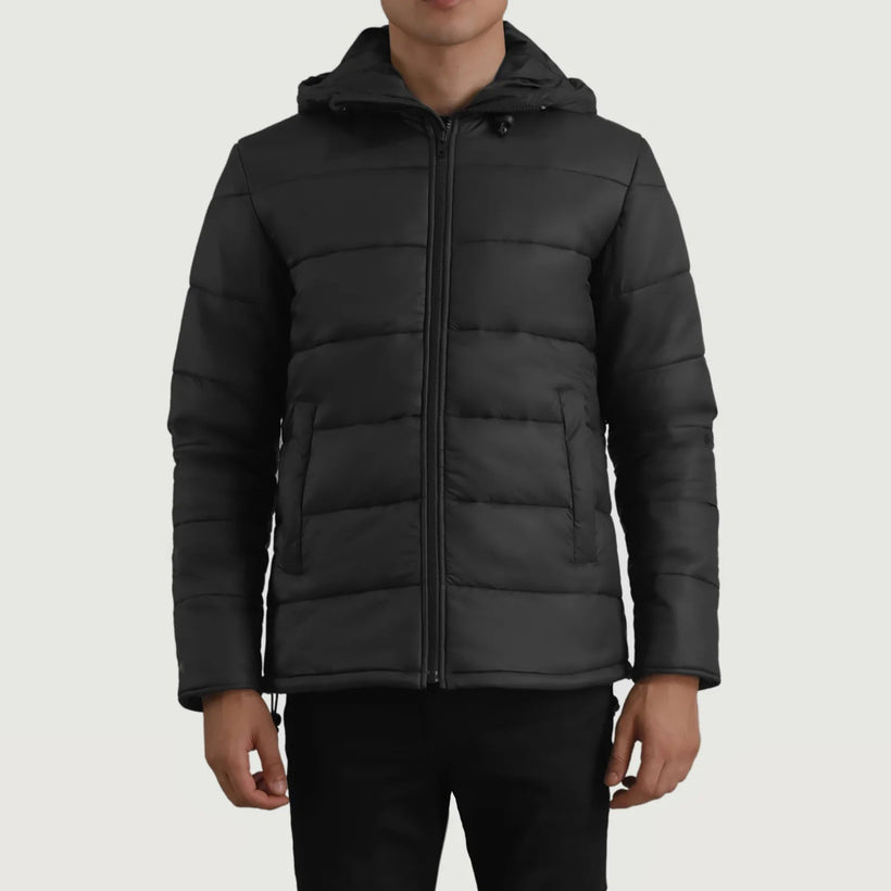 Erico أسود Hooded Puffer جاكيت جلد رجالي