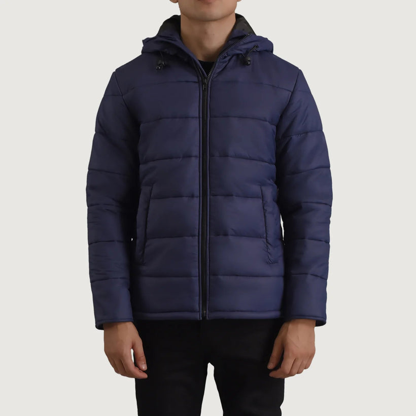 Erico أزرق Hooded Puffer جاكيت جلد رجالي