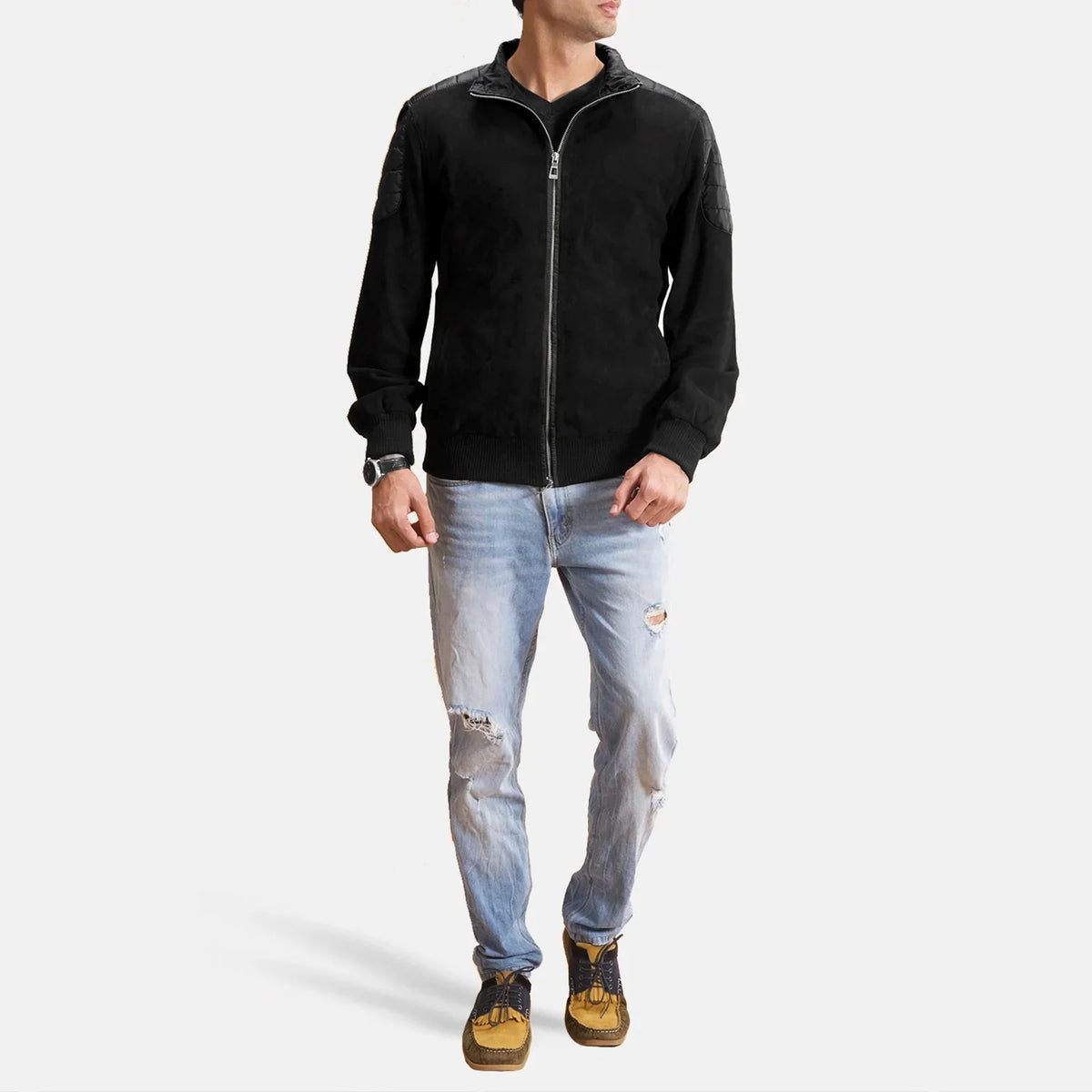 Men's Ethan Hybrid Suede جاكيت بومبر جلد رجالي - Lateral Side Profile View Showing Sleeve Cut &amp; Athletic Taper Fit
