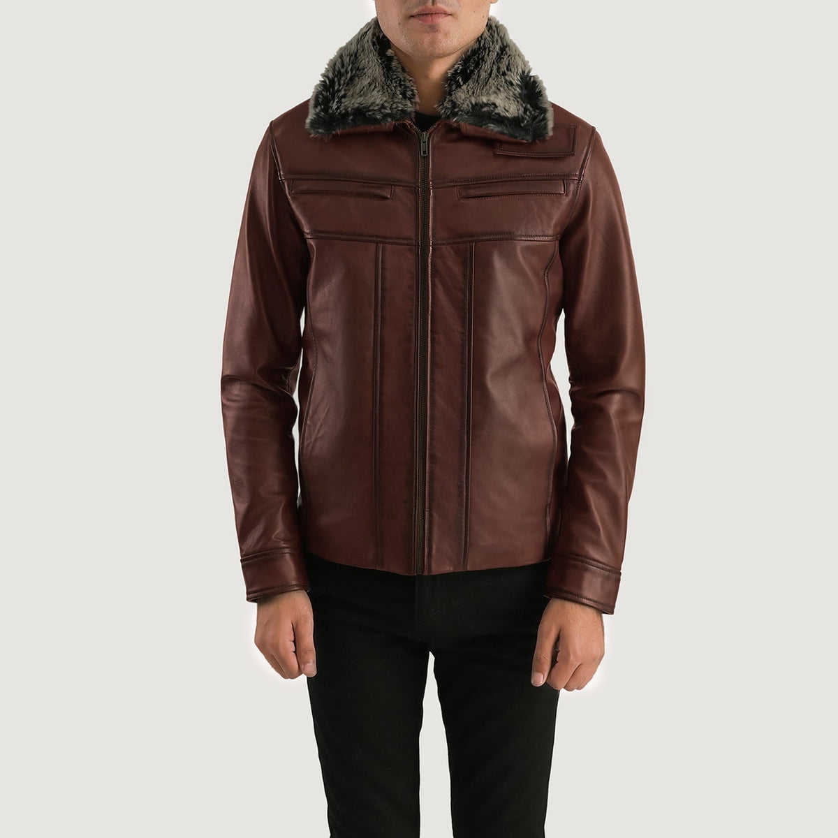 Men's Evan Hart Fur بني جاكيت جلد رجالي in Distressed Brown Sheepskin Burnishing - Front Profile View &amp; Tailored Silhouette | Buy Online