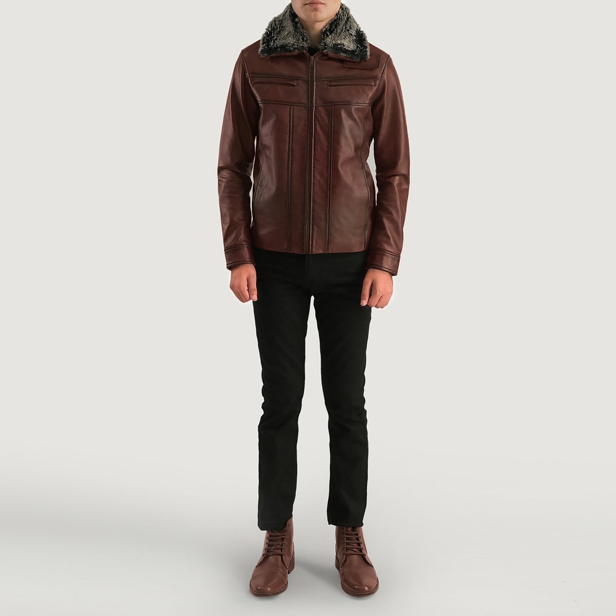Close-Up Detail of Shirt &amp; Zipper Hardware on Men's Evan Hart Fur بني جاكيت جلد رجالي