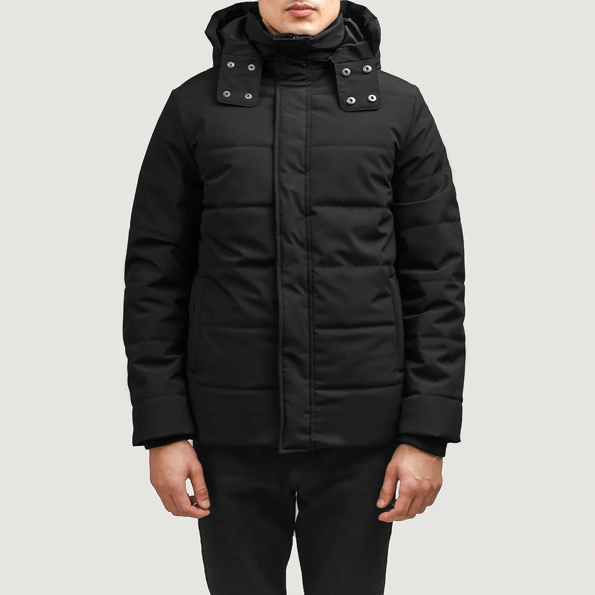 Exton أسود Hooded Down Puffer جاكيت جلد رجالي in Black Full-Grain Leather - Front Profile View &amp; Tailored Silhouette | Buy Online