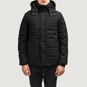 Exton أسود Hooded Down Puffer جاكيت جلد رجالي in Black Full-Grain Leather - Front Profile View &amp; Tailored Silhouette | Buy Online