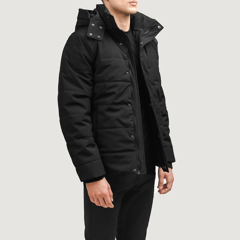 Exton أسود Hooded Down Puffer جاكيت جلد رجالي