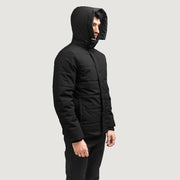 Exton أسود Hooded Down Puffer جاكيت جلد رجالي - Lateral Side Profile View Showing Sleeve Cut &amp; Athletic Taper Fit