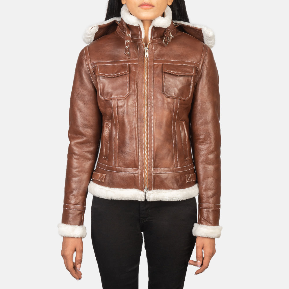 Women's Fiona Brown Hooded Shearling Leather Jacket in Brown Sheepskin Snuffed - Front Profile View &amp; Tailored Silhouette | Buy Online