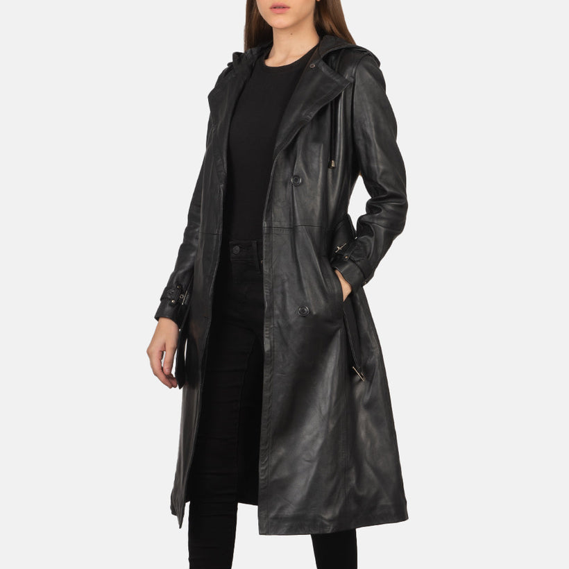Women's Fixon Hooded Black Trench Coat in Black Sheepskin Leather - Front Profile View & Tailored Silhouette | Buy Online