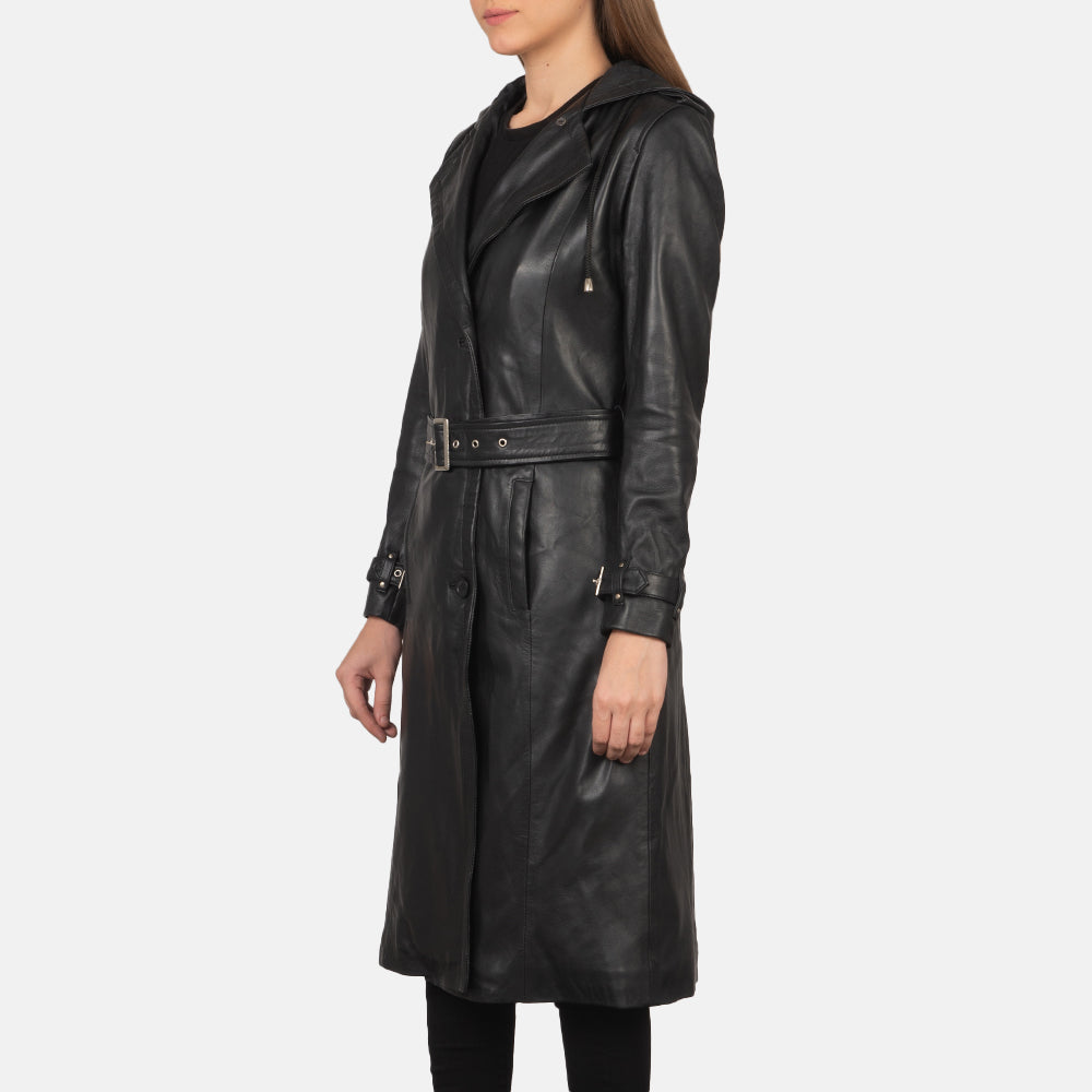
تفاصيل مقربة of Hooded & Button + Belt Hardware on Fixon Hooded أسود معطف ترنش جلد نسائي