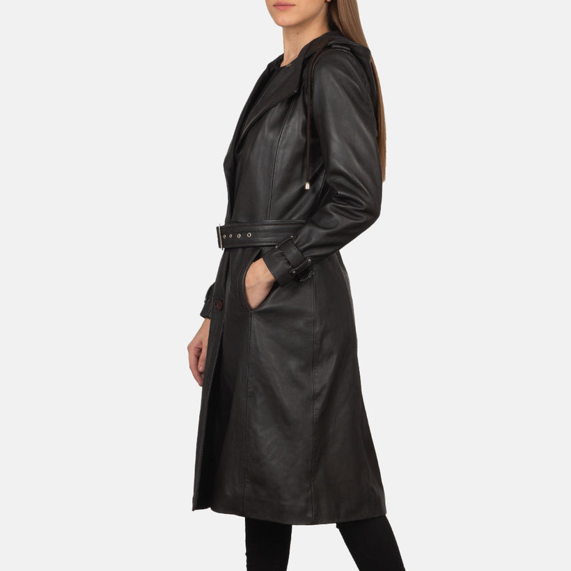 Brown Sheepskin Leather Trench Coat - Back View Showing Tailored Shoulder Fit & Clean Hemline