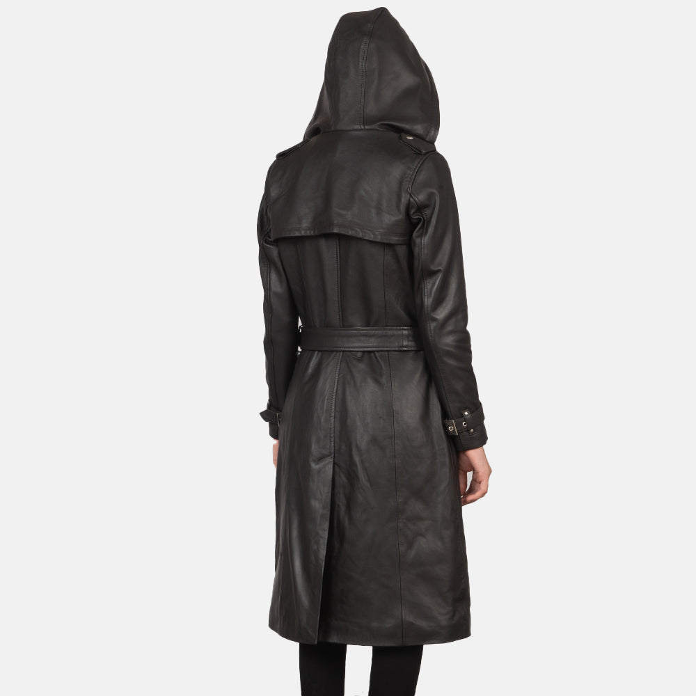 
تفاصيل مقربة of Hooded & Button + Belt Hardware on Fixon Hooded بني معطف ترنش جلد نسائي
